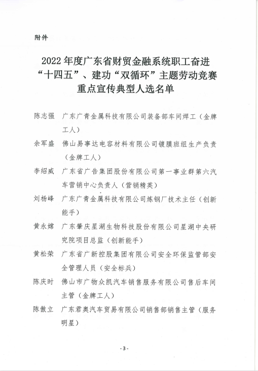 廣新集團6名職工入選“2022年度廣東省財貿金融系統職工奮進‘十四五’、建功‘雙循環’主題勞動競賽重點宣傳典型人選”名單